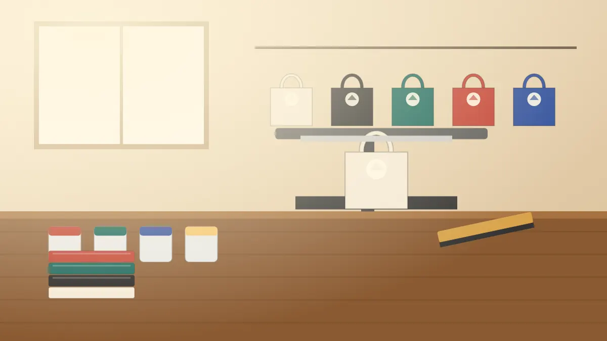 Illustration of natural cotton tote bags with printed designs hanging above a workbench