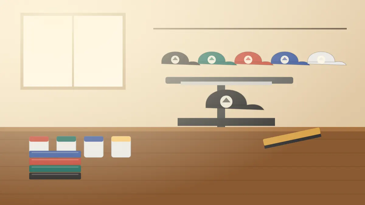 Illustration of baseball caps in several colours on a workbench next to a cap being printed