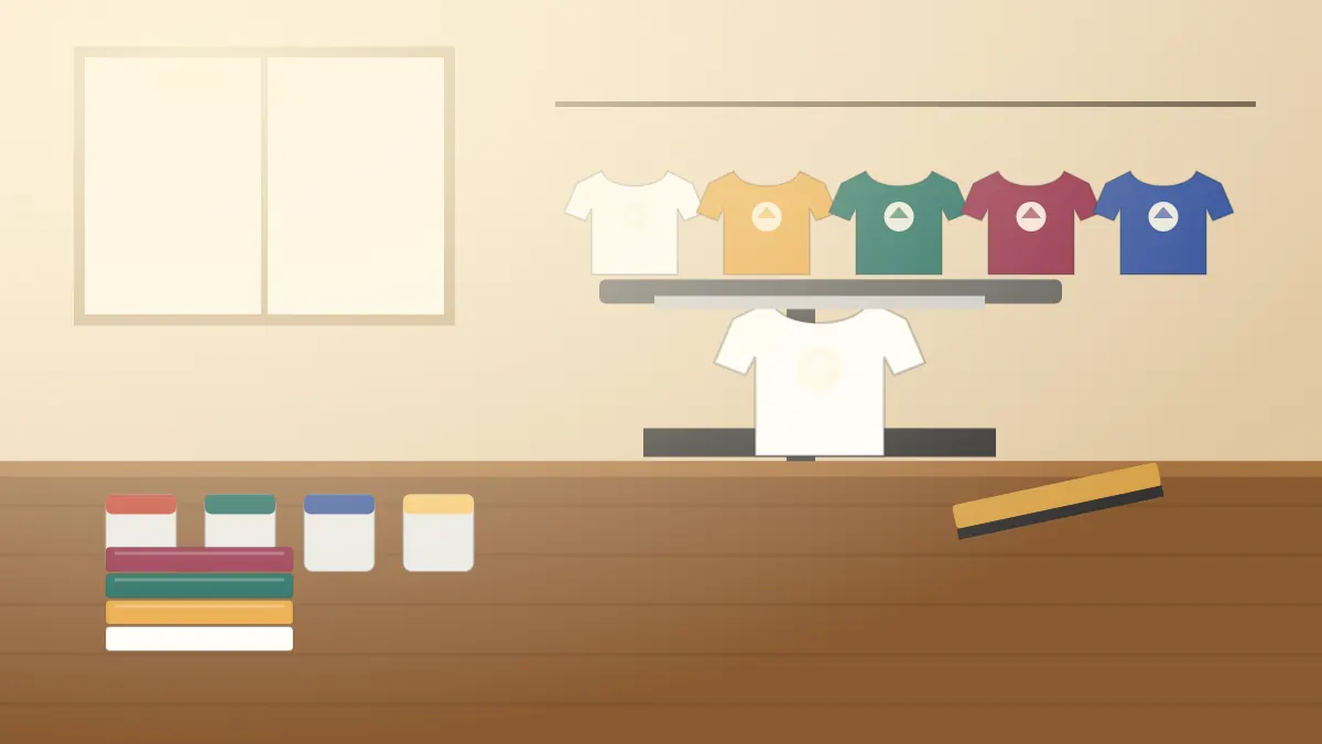 Illustration of a white t-shirt on a heat press with sheets of colourful printed transfers on a workbench