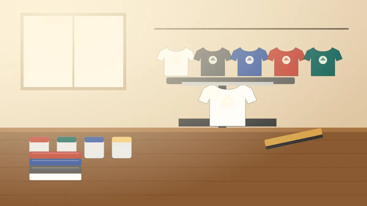 Illustration of a pile of customer-supplied t-shirts and hoodies on a workbench next to a print press