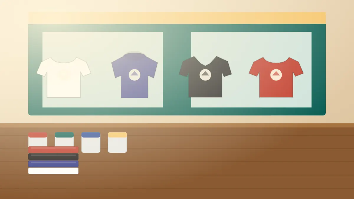 Illustration of a small independent print shop window displaying printed t-shirts, a hoodie and a polo